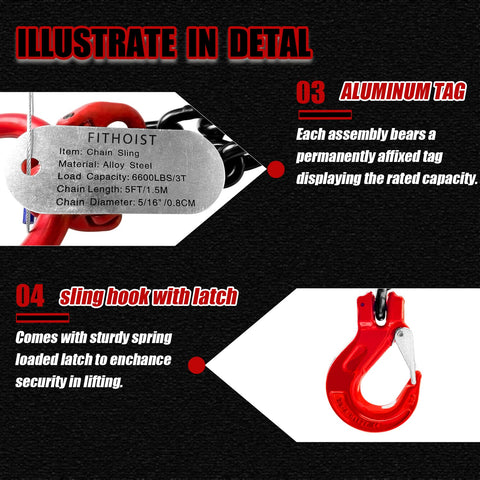 Heavy Duty Double Leg Chain Sling With Grab Hooks, 5 Foot Length And Five Sixteenth Inch Chain, aluminum tag and sling hook