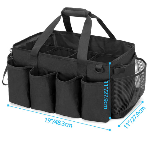 Big Ol Extra Large Cleaning Caddy Organizer With Sturdy Handles Five-Compartment Tote For Car, Home And Housekeeping Supplies Large Capacity Storage Bag Black, showing compartments and size dimensions