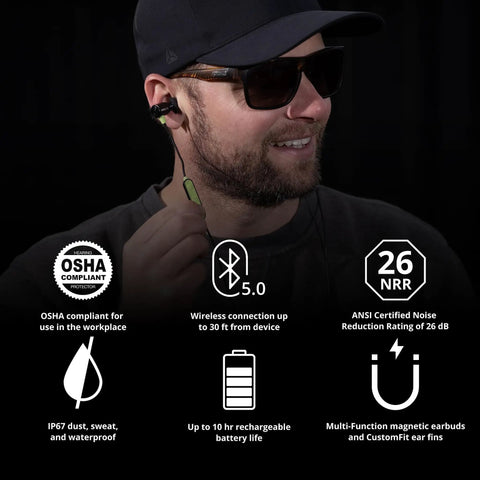 Man wearing All Day Wireless Hearing Protection Earbuds With 26 dB NRR, Passive Noise Isolation, Bluetooth 5.0, SafeMax Technology