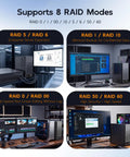 Image showcasing Rock Solid 8 Bay External Hard Drive Raid Enclosure For 2.5 And 3.5 Inch Sas Sata Hdd And Ssd with RAID modes.