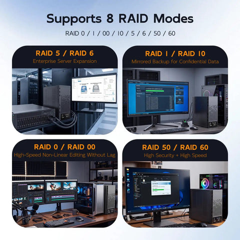 Image showcasing Rock Solid 8 Bay External Hard Drive Raid Enclosure For 2.5 And 3.5 Inch Sas Sata Hdd And Ssd with RAID modes.