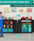 Heavy Duty Metal Storage Cabinet With Locking Doors And Adjustable Shelves For Office Workshop Or Kitchen Built Tough All Steel Construction Reinforced Welded Frame Secure Locking Tool Cabinets 36 Inches High in a garage setting filled with tools and storage bins.