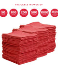 Red Cotton Shop Towels Pack Of Fifty Rags For Heavy Duty Cleaning Durable 100 Percent Cotton Cloths displayed in stacked set
