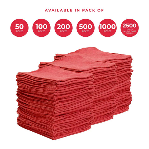 Red Cotton Shop Towels Pack Of Fifty Rags For Heavy Duty Cleaning Durable 100 Percent Cotton Cloths displayed in stacked set