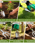 10 Piece Garden Tool Set With Heavy Duty Storage Tote Workhorse Includes Pruner Trowel Transplanter Hand Rake Weeder Cultivator Repot Mat Gloves Plant Tags And Carrying Case Rust Resistant Tools With Non Slip Ergonomic Handles For Women And Men Green displayed in garden use with trowel and weeder in action.