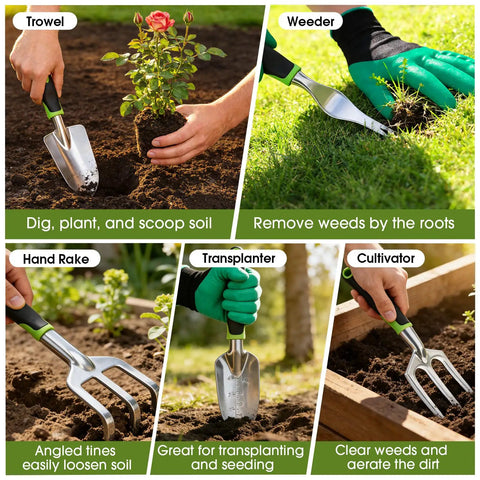 10 Piece Garden Tool Set With Heavy Duty Storage Tote Workhorse Includes Pruner Trowel Transplanter Hand Rake Weeder Cultivator Repot Mat Gloves Plant Tags And Carrying Case Rust Resistant Tools With Non Slip Ergonomic Handles For Women And Men Green displayed in garden use with trowel and weeder in action.