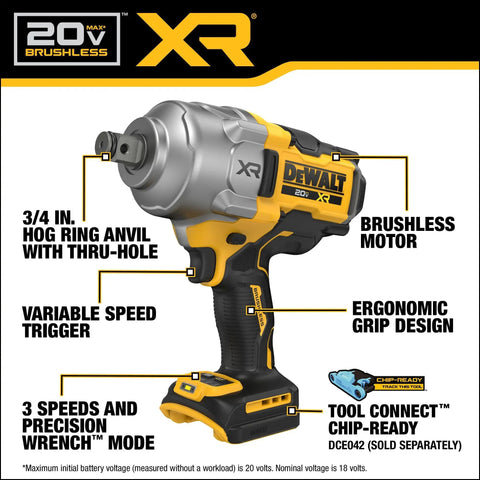 20V Max XR Three Quarter Inch Cordless Impact Wrench with brushless motor and ergonomic grip design