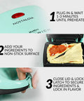 Chill Mint Green MyMini Personal Sandwich Maker Panini Press showing preheating with nonstick surface and ingredients.