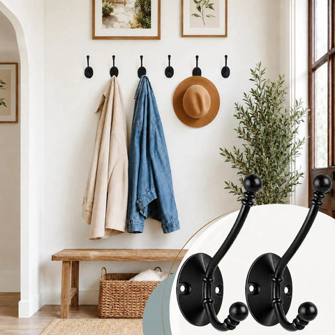 Heavy Duty Black Wall Mounted Coat Hooks 10 Pack With Complete Hardware Kit No Fuss Setup in entryway with coats and hats.