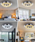 Lit Crystal Ceiling Light Chandelier 16 Inch Flush Mount Dimmable 3 Color Change Modes 16W 32W Max Timmer Modern K9 Crystal Stainless Steel Fixture in different room settings