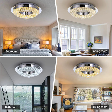 Lit Crystal Ceiling Light Chandelier 16 Inch Flush Mount Dimmable 3 Color Change Modes 16W 32W Max Timmer Modern K9 Crystal Stainless Steel Fixture in different room settings