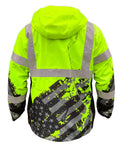Rear view of Hi Vis Rain Jacket For Men With Waterproof Shell And Mesh Lining, Drawcord Hood And Hem, Class 3 Type R, ANSI ISEA 107-2015, Yellow, X Large.