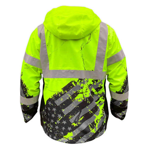 Back view of Hi Vis Rain Jacket For Men With Class 3 Type R ANSI ISEA 107 2015 Waterproof Nylon Shell Mesh Lining Yellow 3X Large.