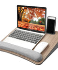 Portable Laptop Lap Desk With Pillow Cushion, Fits Up To 15.6 Inch Laptops, Anti Slip Strip, Built In Storage, shown with laptop and phone.