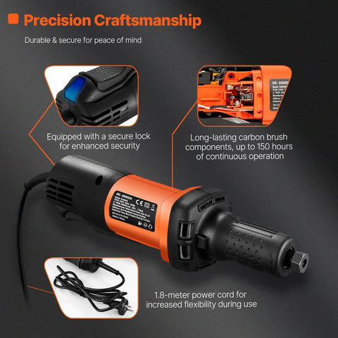 Heavy Duty Workhorse Die Grinder With Variable Speed 7000 To 30000 Rpm showing lock mechanism and long-lasting carbon brush components.