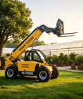 Top Shelf Heavy Duty Telehandler And Telescopic Forklift Built As A 4WD Off Road Workhorse with forks raised in a garden