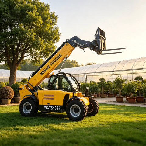 Top Shelf Heavy Duty Telehandler And Telescopic Forklift Built As A 4WD Off Road Workhorse with forks raised in a garden