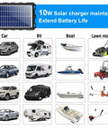 Keep Your Rig Powered Up With This Top Shelf 12V 10W Solar Battery Charger Panel Kit For Cars Trucks Rvs Boats Motorcycles Straight Up Plug Play Setup. Image of various vehicles including cars, RVs, boats, and lawn mowers showing compatibility.