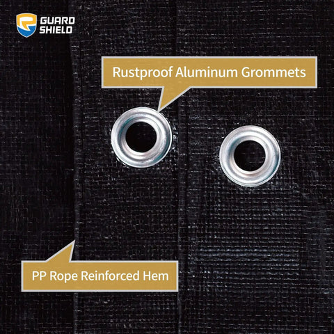 Close-up of black tarp with rustproof aluminum grommets and rope reinforced hem, Heavy Duty Waterproof 12x16 Feet Black Poly Tarp Cover For Outdoors With Grommets 10 Mil Thick Tarpaulin UV Resistant Double Sided Heat Sealed Seams Rope Hem Reusable And Durable