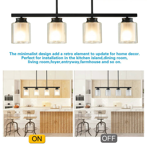 4 Light Pendant Light With Industrial Style For Kitchen Island, double glass shades, clear and frosted glass, rustic farmhouse style.