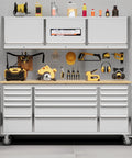 72-Inch Rolling Tool Chest With 15 Drawers, Solid Rubber Wood Workbench Top, Locking Wheels And Key Lock in workshop
