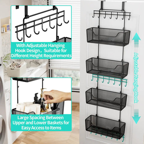 Rock Solid Over The Door Organizer With Four Roomy Metal Baskets And Adjustable Coat Hook for easy access to items.