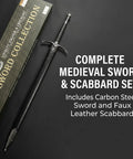 41.25 Inch One Hand Medieval Sword With Dull Carbon Steel Blade, Faux Leather Wrapped Wood Scabbard next to packaging