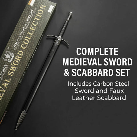 41.25 Inch One Hand Medieval Sword With Dull Carbon Steel Blade, Faux Leather Wrapped Wood Scabbard next to packaging