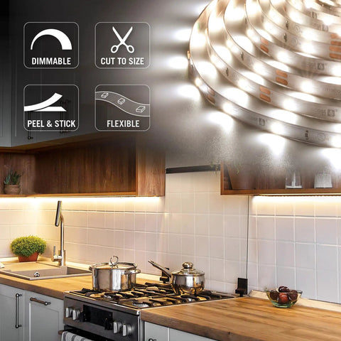 12V White LED Strip Lights 30 LEDs Per Meter 3000K Warm White 32.8 ft Dimmable shown installed under cabinets in kitchen
