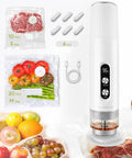 Handheld Vacuum Sealer Keeps Food Hella Fresh With Auto And Manual Modes For Wet And Dry Use, 6 reusable bags with food.