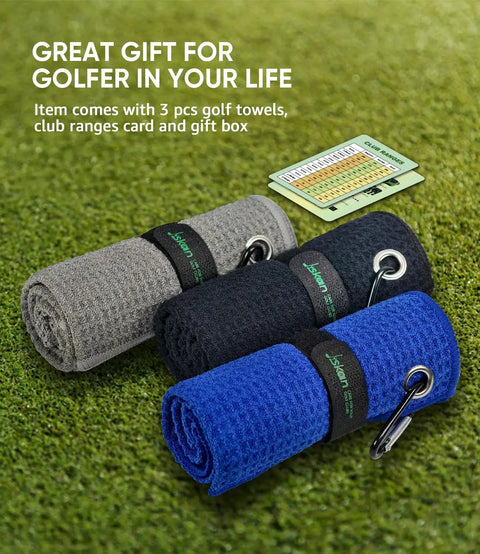 Three Color Golf Towel Set For Golf Bags With Microfiber Towels Hook And Loop Fasteners Carabiners And Hooks Range Card Gift Box