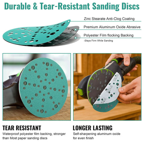 60 Pack 6 Inch Sanding Discs With 49 Hole Pattern, 80 120 150 180 240 Grit, 12 Of Each, durable polyester film sandpaper