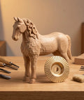 Duper Smooth 6pc Angle Grinder Wood Carving Discs With Vibration Reduction High Elastic Cushion For Easy Shaping Polishing And Grinding Long Sessions next to a wooden horse sculpture.