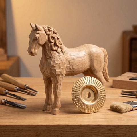 Duper Smooth 6pc Angle Grinder Wood Carving Discs With Vibration Reduction High Elastic Cushion For Easy Shaping Polishing And Grinding Long Sessions next to a wooden horse sculpture.