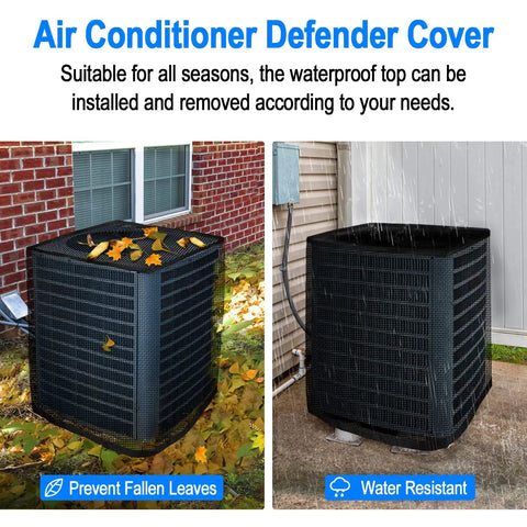 All Seasons Outdoor AC Unit Cover With Detachable Waterproof Top, No Fuss Full Mesh Breathable Design on AC units in outdoor settings