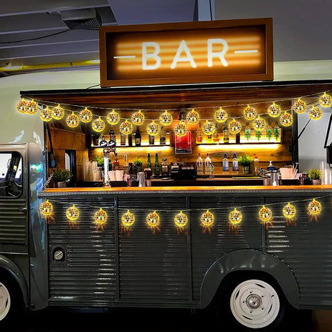 Mobile bar truck decorated with 20 LED Disco Ball String Lights Battery Powered and USB Plug Indoor Decor for Throwback 70s 80s 90s