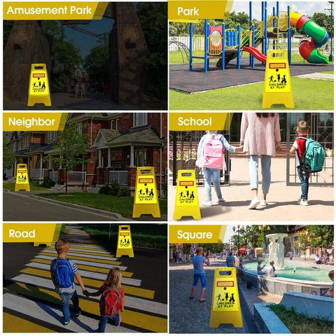 Image showing Four Pack 24 Inch Slow Down Kids At Play Sign Reflective Double Sided Street Safety Signs With Portable Handles For Neighborhoods Yards Schools And Parks Yellow in various locations like park, school, road.