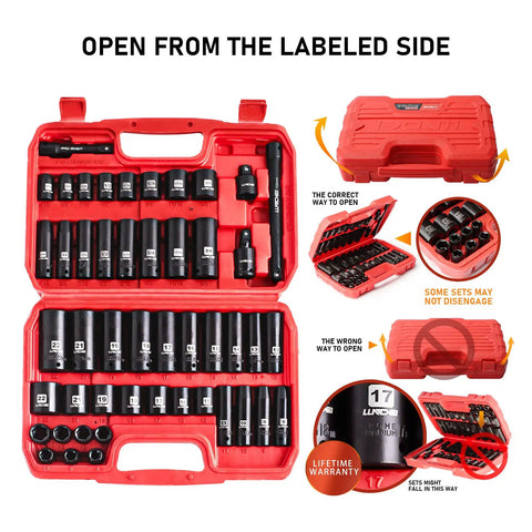 Impact Socket Set For Three Eighths Drive With SAE And Metric Sizes From Eight To Twenty Two Millimeters 48 Piece CRV Steel Six Point Sockets Plus Extension Bars Three Inch And Six Inch Reducer From Half To Three Eighths Universal Joint in red carry case