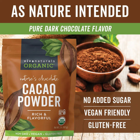 Totally Rich Dark Cacao Powder Unsweetened 2 Lb For Baking Smoothies And Hot Chocolate bag next to cacao bowl