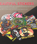 Colorful stickers for Large Viewing Auto Darkening Welding Helmet with True Color Lens, featuring various designs and slogans.