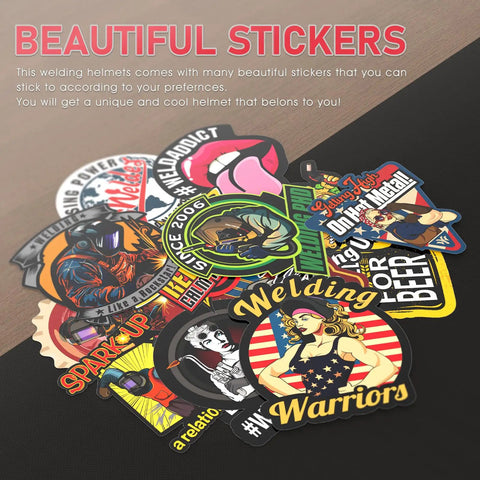Colorful stickers for Large Viewing Auto Darkening Welding Helmet with True Color Lens, featuring various designs and slogans.