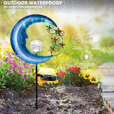 Solar Powered Outdoor Lights Moon And Star Garden Stake Decor in garden setting, waterproof with night glow feature