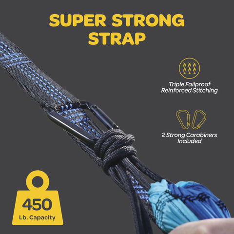 Image of a strong strap and carabiner from the Heavy Duty Nylon Camping Hammock Chair With 500 Lb Capacity, showing durability features.