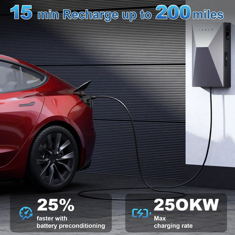 Plug And Play Electric Vehicle Charging Adapter For Tesla Supercharger To Ccs1 Connector, vehicle charging at a wall station.