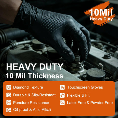 UYKKE 10mil nitrile gloves, heavy-duty with diamond texture, latex-free, worn on hand over car engine