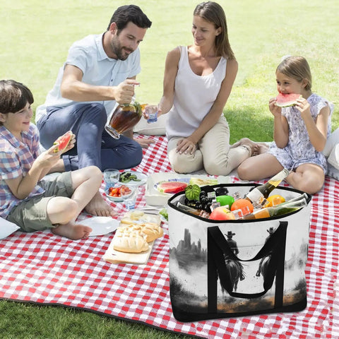 Family enjoying picnic with Western Desert Cowboy Style Insulated Cooler Bag, packed with food and drinks, on checkered blanket