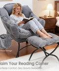 Woman sitting on Cozy Lazy Chair With Ottoman For Chillin And Reading, lounge seat in gray, next to bedside table.