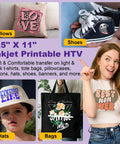 Woman wearing T-shirt showcasing Inkjet Printable Heat Transfer Vinyl, child with hat, decorative pillow, shoe, and tote bag examples.