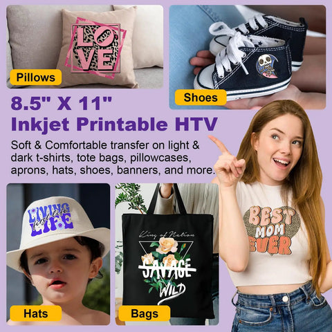 Woman wearing T-shirt showcasing Inkjet Printable Heat Transfer Vinyl, child with hat, decorative pillow, shoe, and tote bag examples.