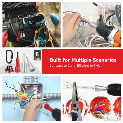 6 Piece Wire Twister Drill Set With Bit Holder Keychains And Red Wire Nut Twister used for wire bundling and organization